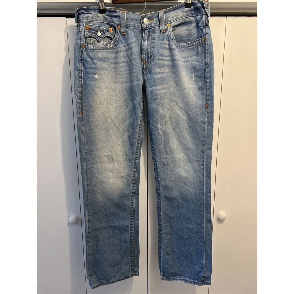 True Religion Jeans Men's 36x34 Blue Denim Straight w/Flaps Retro Rock Skater 34